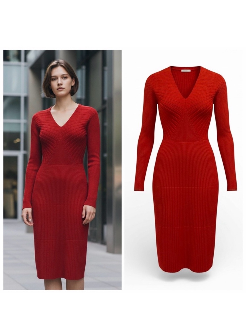 Victoria Beckham Red Midi Dress Ribbed Knit Long Sleeve XS Work Classic NWT 🟡